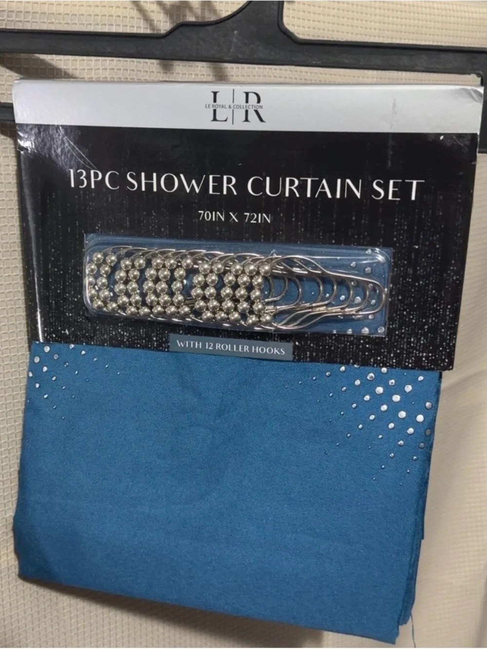 13-Pc Blue Shower Curtain Set with Silver Hooks